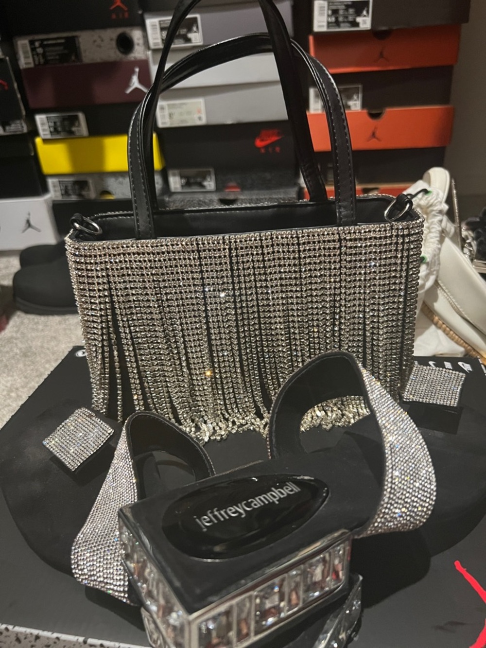 Silver Rhinestone Fringe Mini Tote with Crystal Accents / Sandals not included